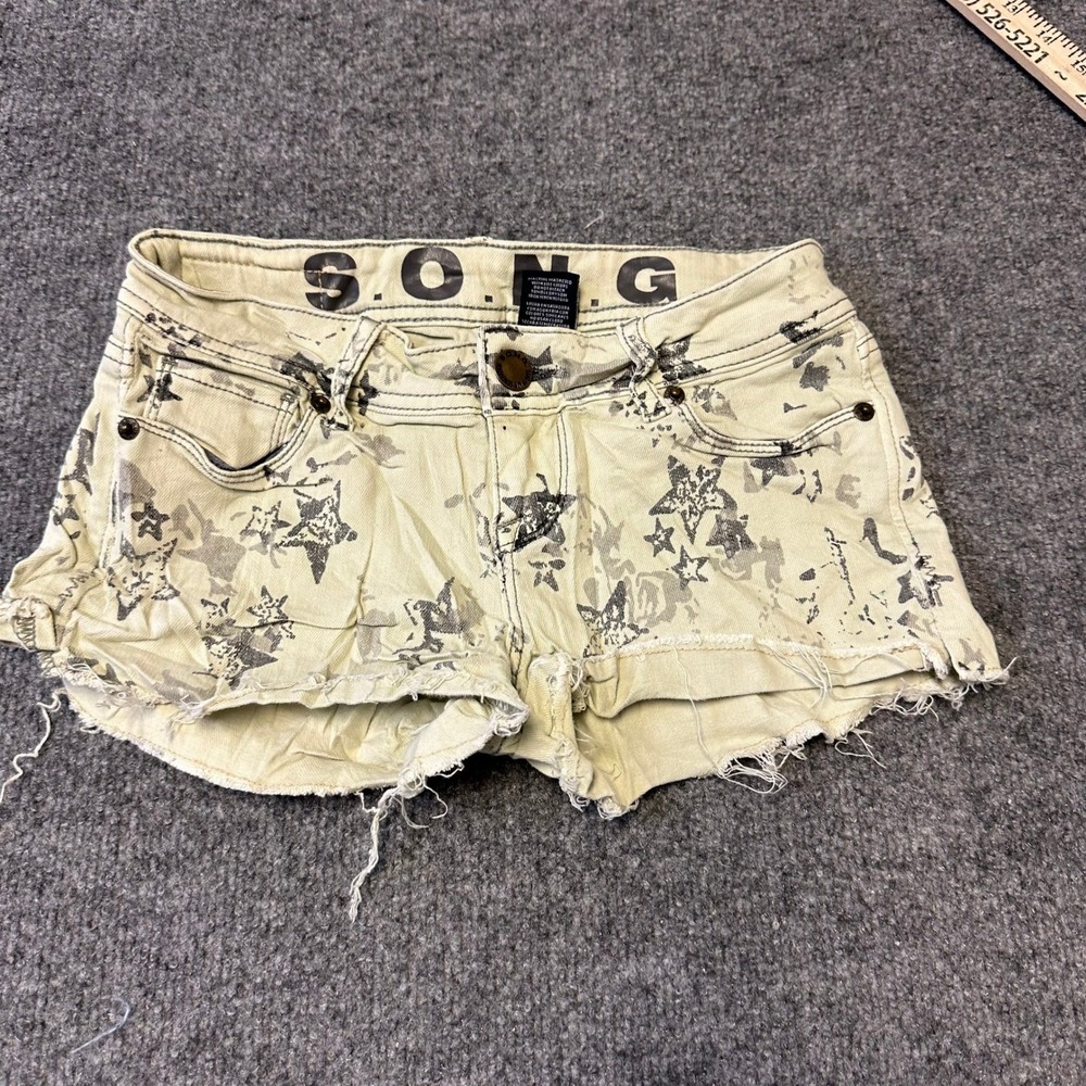 S.O.N.G. Shorts Womens Size 1 Beige Star Print Distressed Raw Hem Cotton Stretch